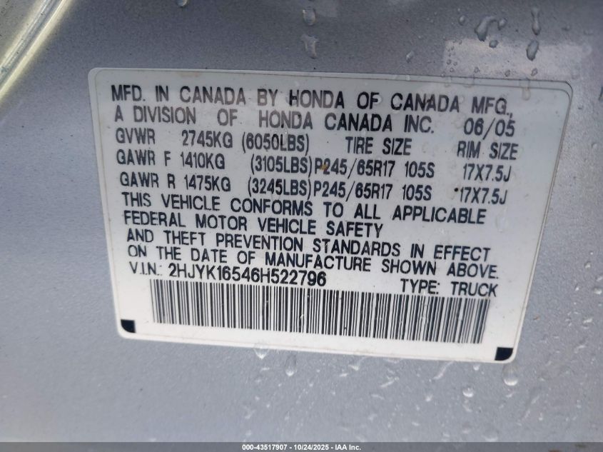 2006 Honda Ridgeline Rtl VIN: 2HJYK16546H522796 Lot: 43517907