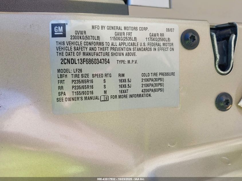 2008 Chevrolet Equinox Ls VIN: 2CNDL13F686034764 Lot: 43517932