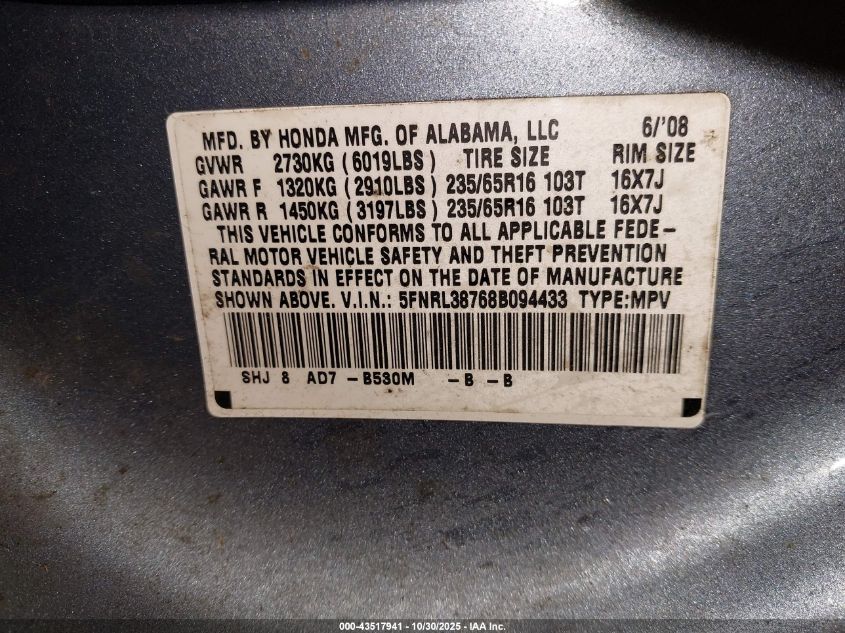 2008 Honda Odyssey Ex-L VIN: 5FNRL38768B094433 Lot: 43517941