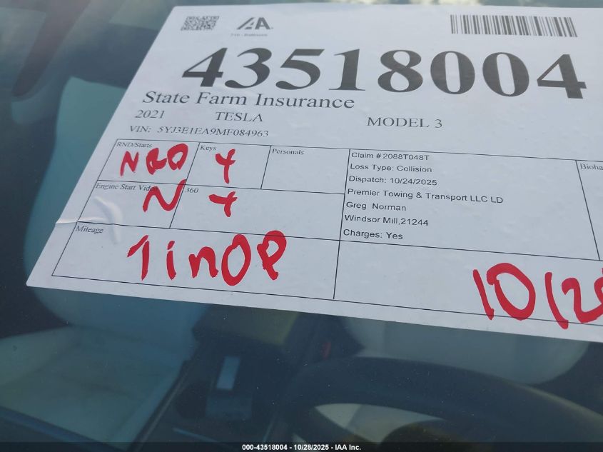 2021 Tesla Model 3 Standard Range Plus Rear-Wheel Drive VIN: 5YJ3E1EA9MF084963 Lot: 43518004