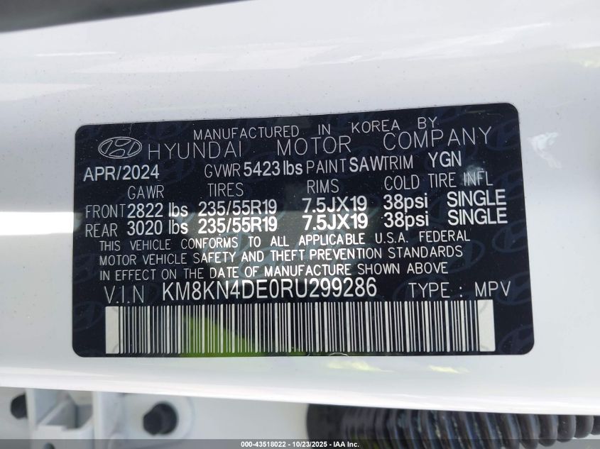 2024 Hyundai Ioniq 5 Sel VIN: KM8KN4DE0RU299286 Lot: 43518022