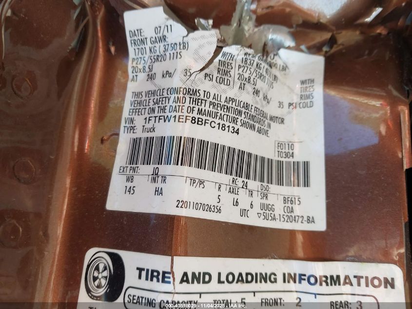 2011 Ford F-150 Lariat VIN: 1FTFW1EF8BFC18134 Lot: 43518029