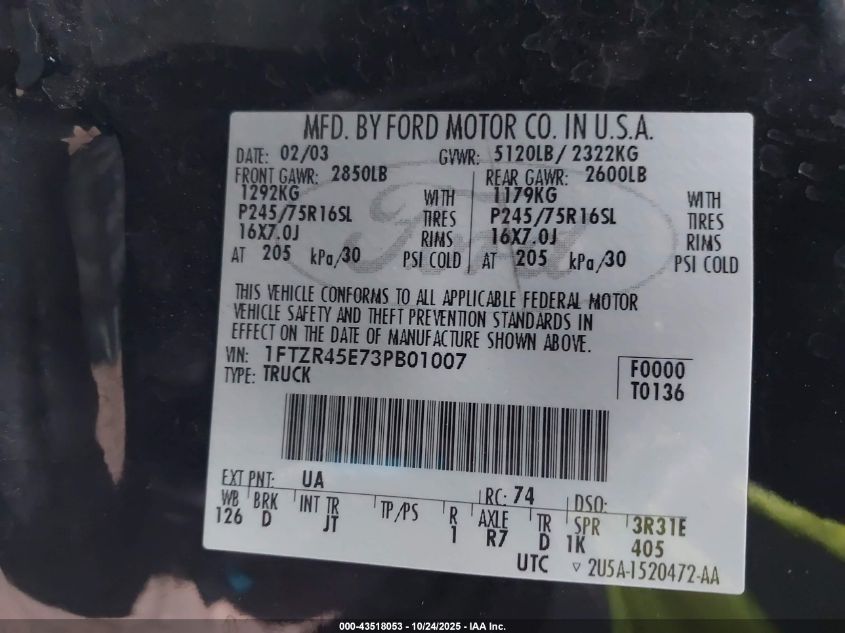 2003 Ford Ranger Edge/Xlt VIN: 1FTZR45E73PB01007 Lot: 43518053