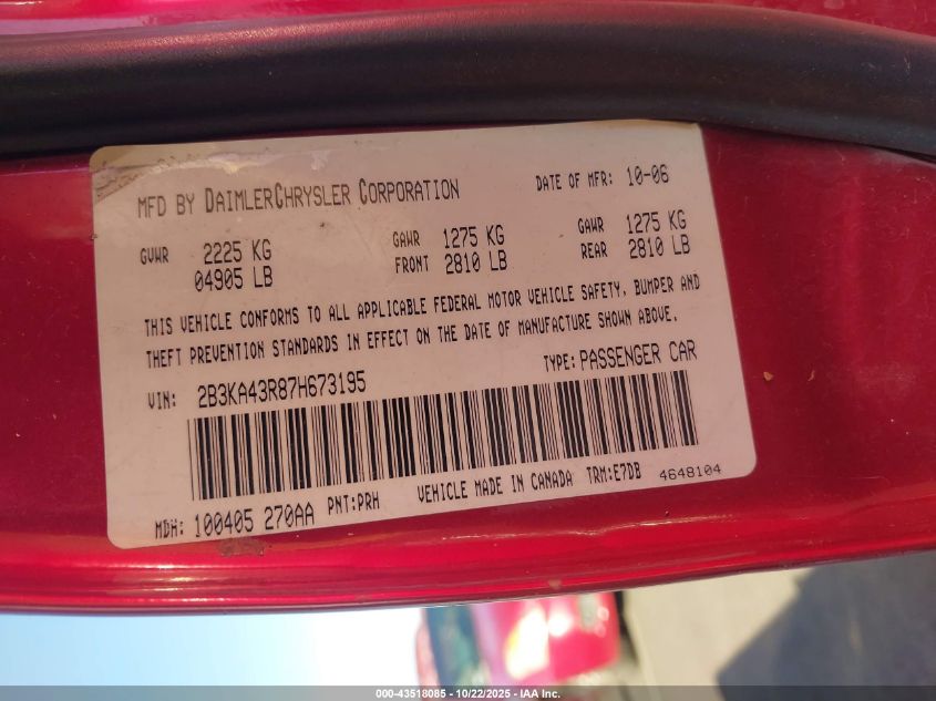 2007 Dodge Charger VIN: 2B3KA43R87H673195 Lot: 43518085