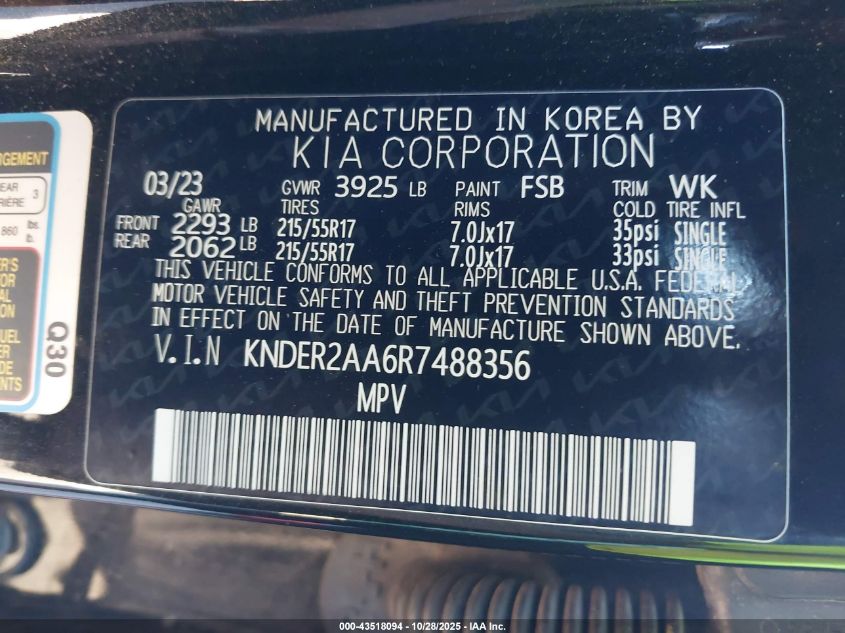 2024 Kia Seltos Ex VIN: KNDER2AA6R7488356 Lot: 43518094