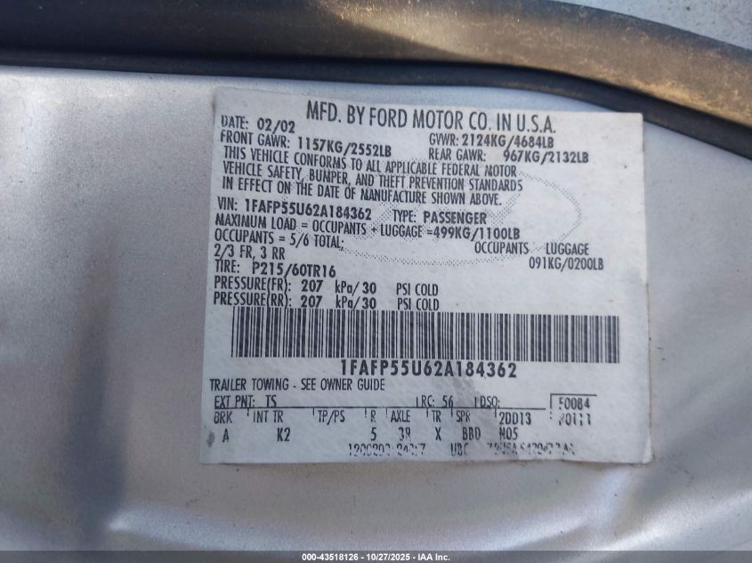 2002 Ford Taurus Ses VIN: 1FAFP55U62A184362 Lot: 43518126