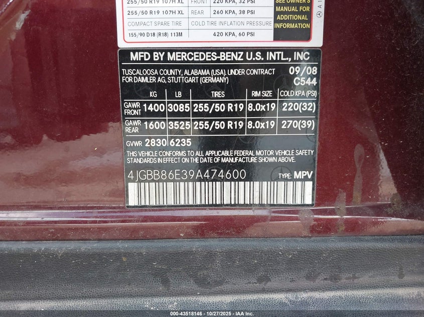 2009 Mercedes-Benz Ml 350 4Matic VIN: 4JGBB86E39A474600 Lot: 43518146
