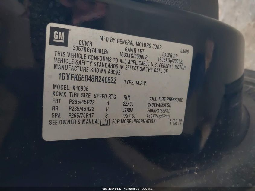 2008 Cadillac Escalade Esv Standard VIN: 1GYFK66848R240822 Lot: 43518147