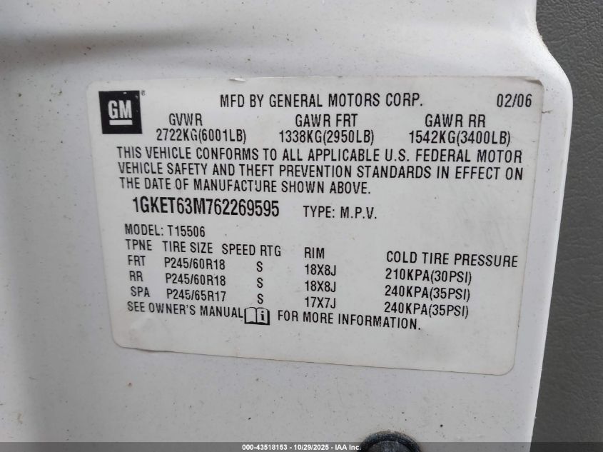 2006 GMC Envoy Denali VIN: 1GKET63M762269595 Lot: 43518153