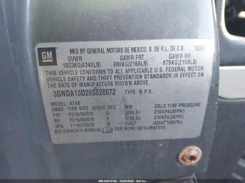 2008 Chevrolet Hhr Ls VIN: 3GNDA13D28S620072 Lot: 43518188