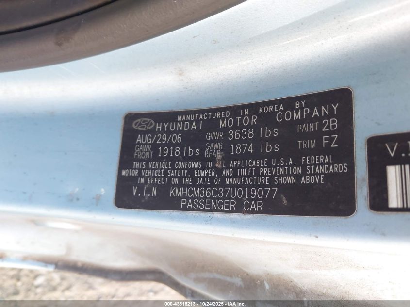 2007 Hyundai Accent Gs VIN: KMHCM36C37U019077 Lot: 43518213