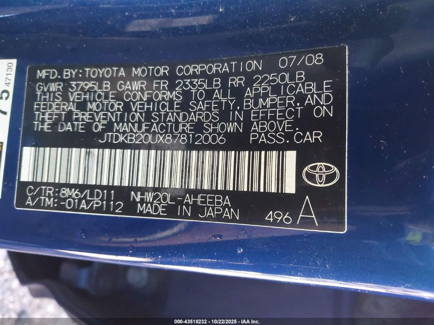 2008 Toyota Prius VIN: JTDKB20UX87812006 Lot: 43518232