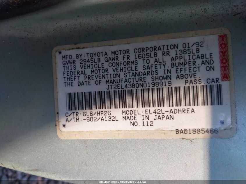 1992 Toyota Tercel Deluxe VIN: JT2EL43B0N0198919 Lot: 43518233