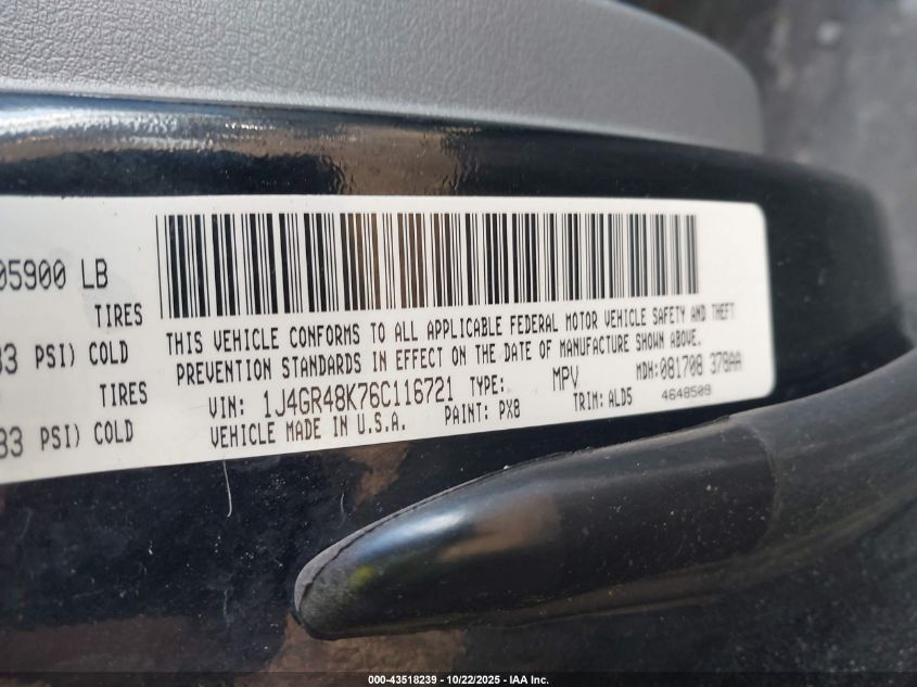2006 Jeep Grand Cherokee Laredo VIN: 1J4GR48K76C116721 Lot: 43518239