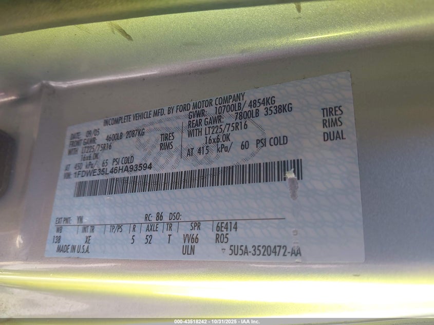 2006 Ford E-350 Cutaway VIN: 1FDWE35L46HA93594 Lot: 43518242