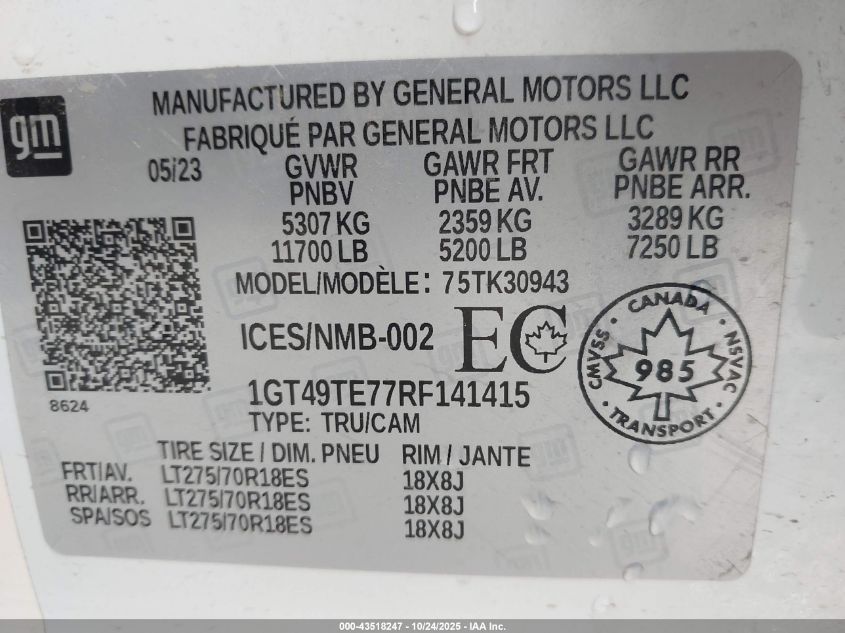 2024 GMC Sierra 3500Hd 4Wd Long Bed Sle/4Wd Standard Bed Sle VIN: 1GT49TE77RF141415 Lot: 43518247