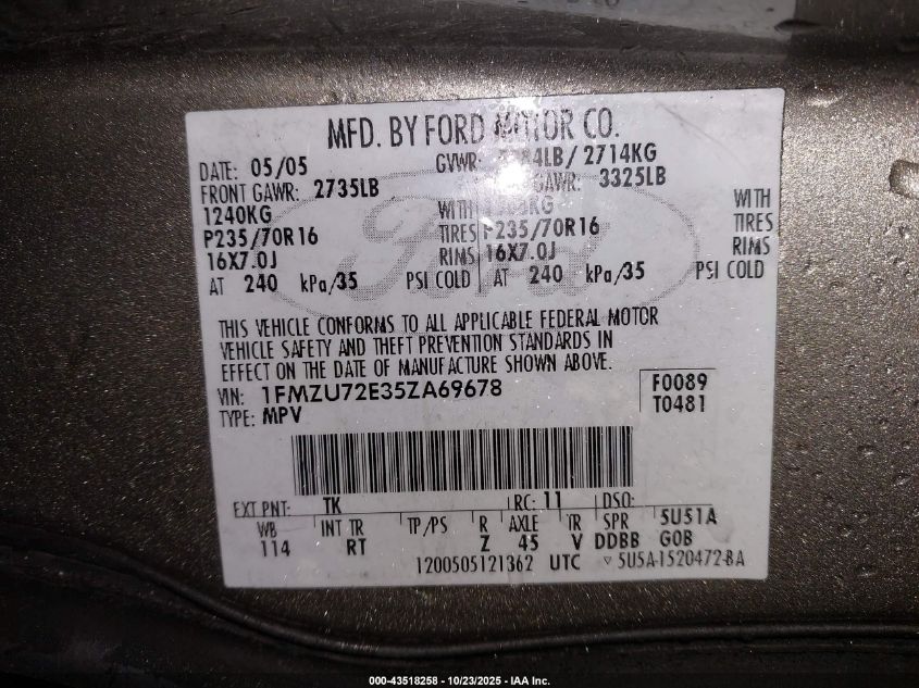 2005 Ford Explorer Xls/Xls Sport VIN: 1FMZU72E35ZA69678 Lot: 43518258