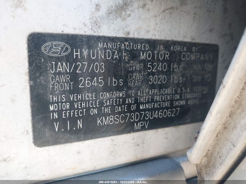 2003 Hyundai Santa Fe Gls/Lx VIN: KM8SC73D73U460627 Lot: 43518261