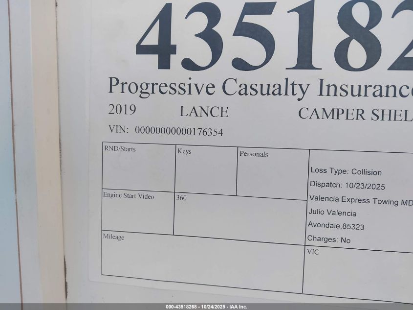 2019 Lance Camper Shell VIN: 00000000000176354 Lot: 43518268