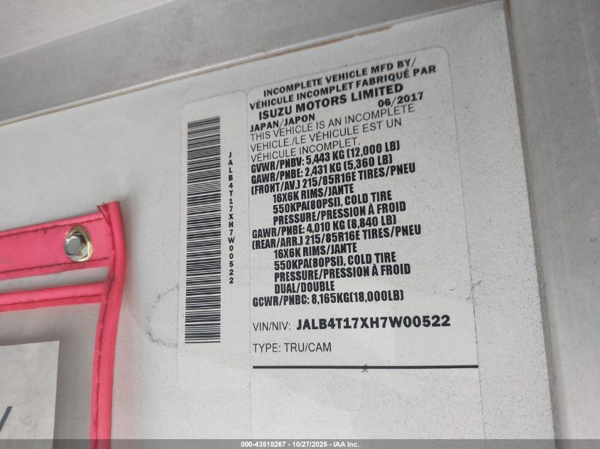 2017 Isuzu Reach VIN: JALB4T17XH7W00522 Lot: 43518267