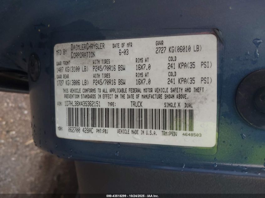 2003 Dodge Dakota Sport/Sxt VIN: 1D7HL38X43S362151 Lot: 43518299