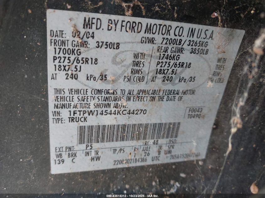 2004 Ford F-150 Fx4/Lariat/Xlt VIN: 1FTPW14544KC44270 Lot: 43518313