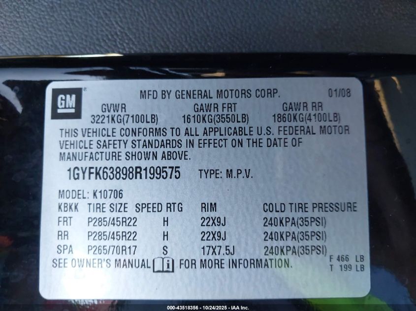 2008 Cadillac Escalade Standard VIN: 1GYFK63898R199575 Lot: 43518356