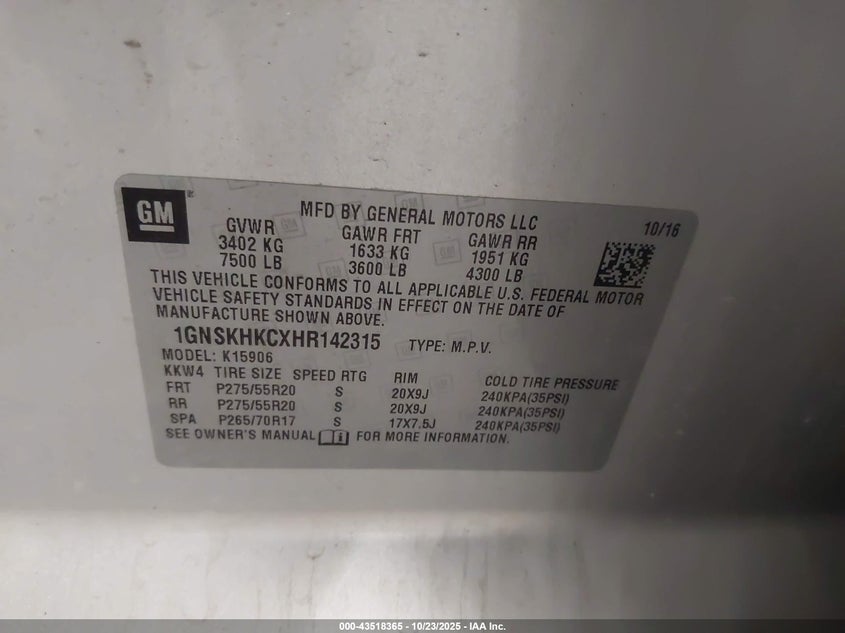 2017 CHEVROLET SUBURBAN LT 1GNSKHKCXHR142315