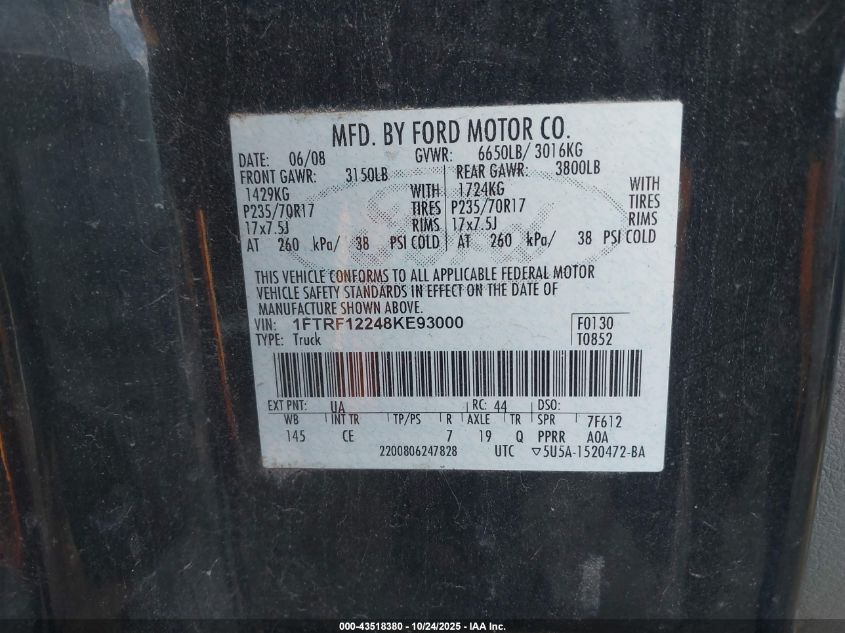 2008 Ford F-150 Xl VIN: 1FTRF12248KE93000 Lot: 43518380