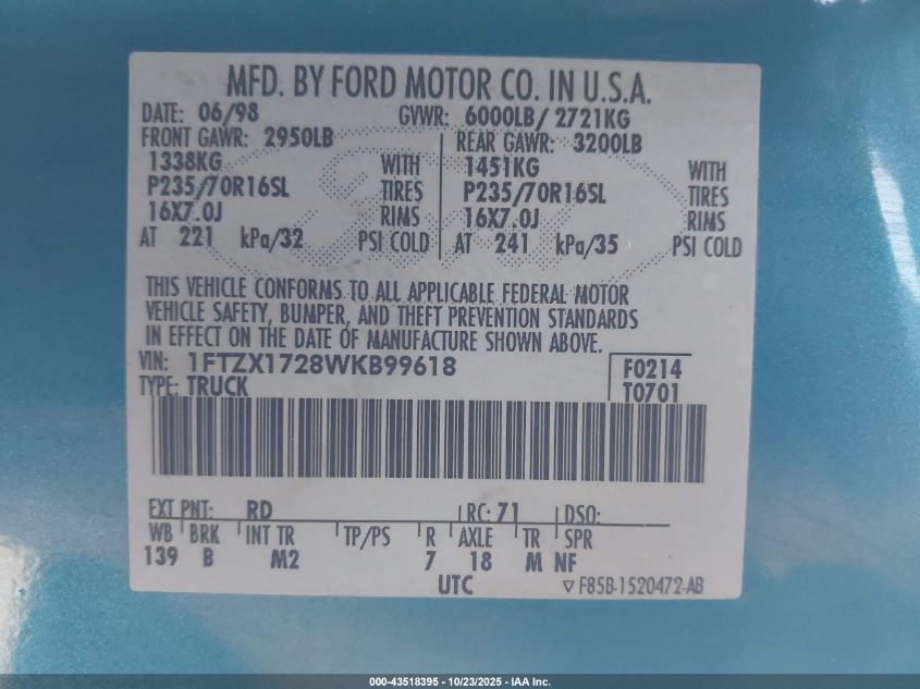 1998 Ford F-150 Standard/Xl/Xlt VIN: 1FTZX1728WKB99618 Lot: 43518395