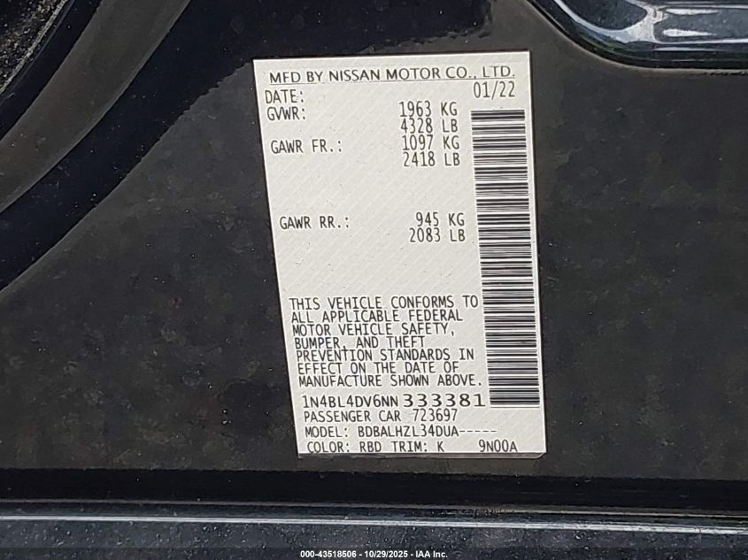 2022 Nissan Altima Sv Fwd VIN: 1N4BL4DV6NN333381 Lot: 43518506