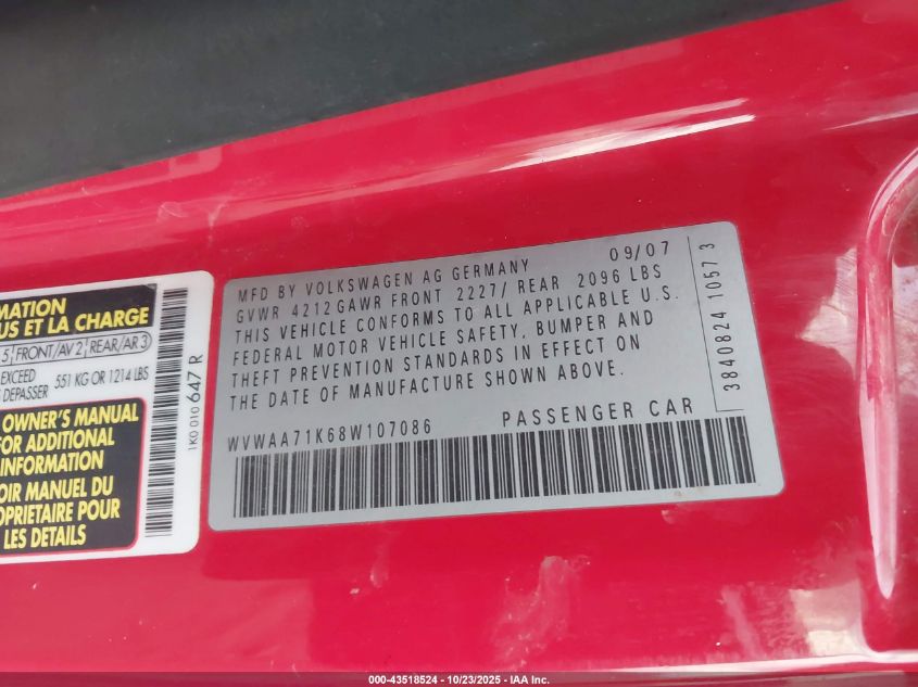 2008 Volkswagen Rabbit S VIN: WVWAA71K68W107086 Lot: 43518524