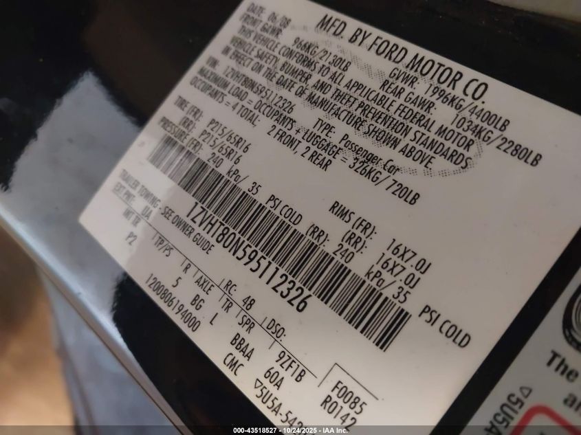 2009 Ford Mustang V6/V6 Premium VIN: 1ZVHT80N595112326 Lot: 43518527