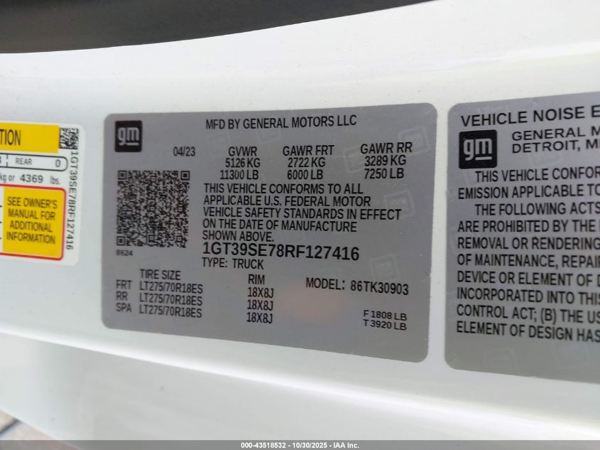 2024 GMC Sierra 3500Hd VIN: 1GT39SE78RF127416 Lot: 43518532