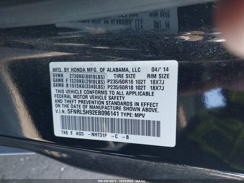 5FNRL5H92EB096141 2014 HONDA ODYSSEY photo no. 9