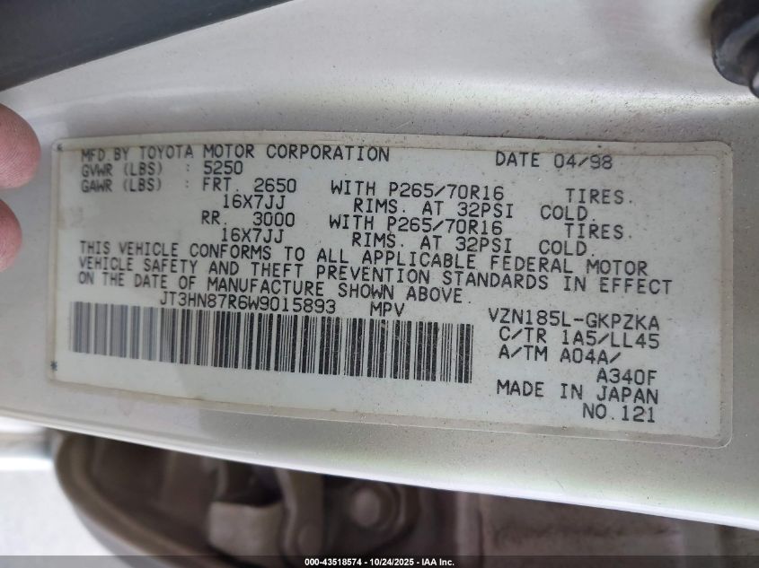 1998 Toyota 4Runner Limited VIN: JT3HN87R6W9015893 Lot: 43518574