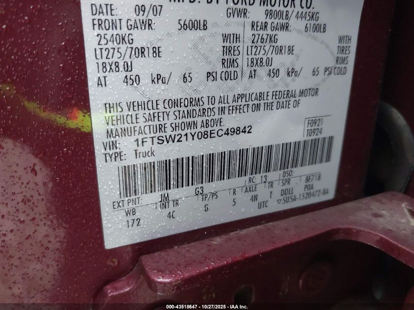 2008 Ford F-250 Fx4/Harley-Davidson/King Ranch/Lariat/Xl/Xlt VIN: 1FTSW21Y08EC49842 Lot: 43518647