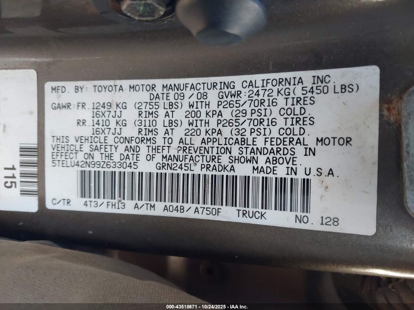 2009 Toyota Tacoma Base V6 VIN: 5TELU42N99Z633045 Lot: 43518671