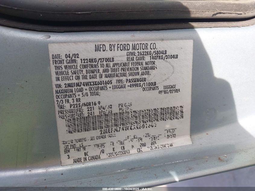 2003 Mercury Grand Marquis Gs VIN: 2MEFM74WX3X601605 Lot: 43518680