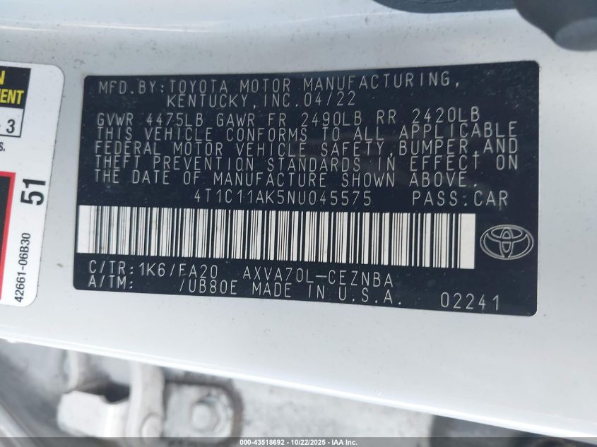 2022 TOYOTA CAMRY LE 4T1C11AK5NU045575