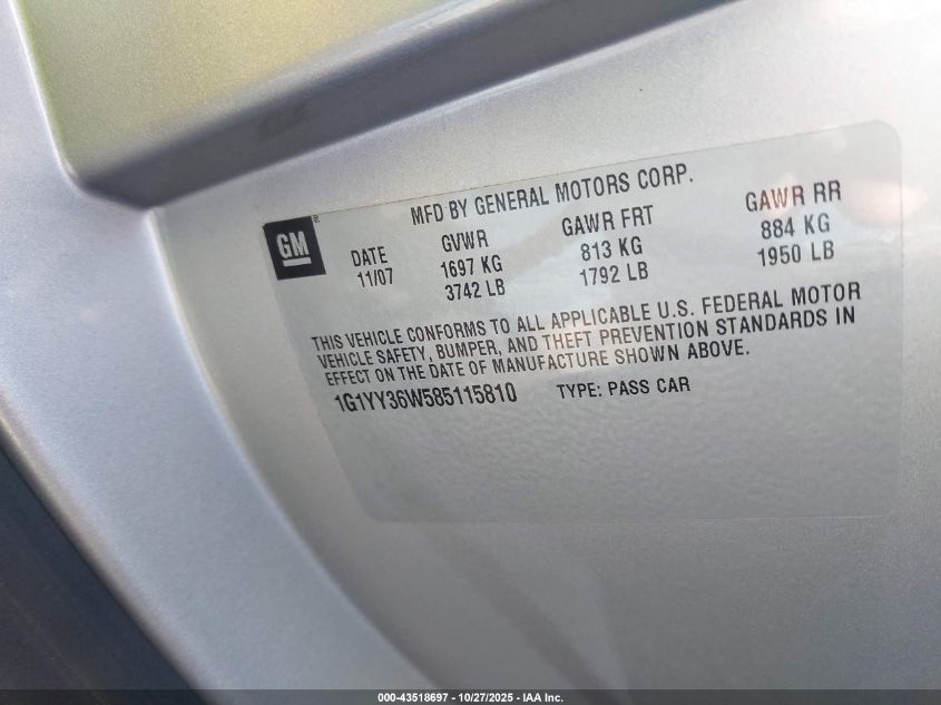 2008 Chevrolet Corvette VIN: 1G1YY36W585115810 Lot: 43518697