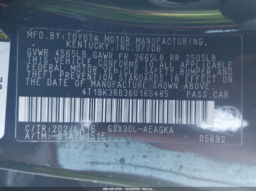 2006 Toyota Avalon Xls VIN: 4T1BK36B36U165485 Lot: 43518745