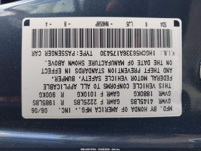 2006 Honda Accord 2.4 Se VIN: 1HGCM56336A175430 Lot: 43518784