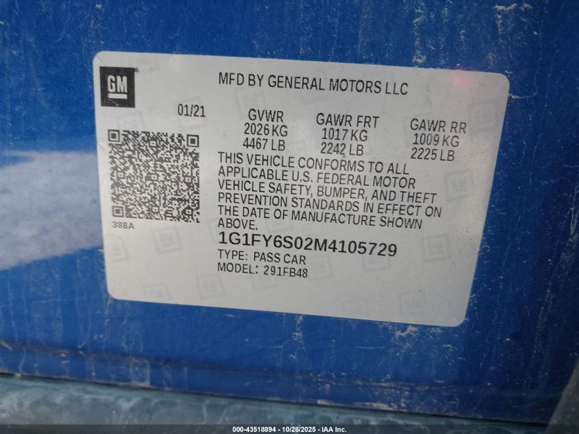 2021 Chevrolet Bolt Ev Fwd Lt VIN: 1G1FY6S02M4105729 Lot: 43518894