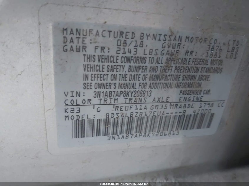 2019 NISSAN SENTRA S 3N1AB7AP8KY206813