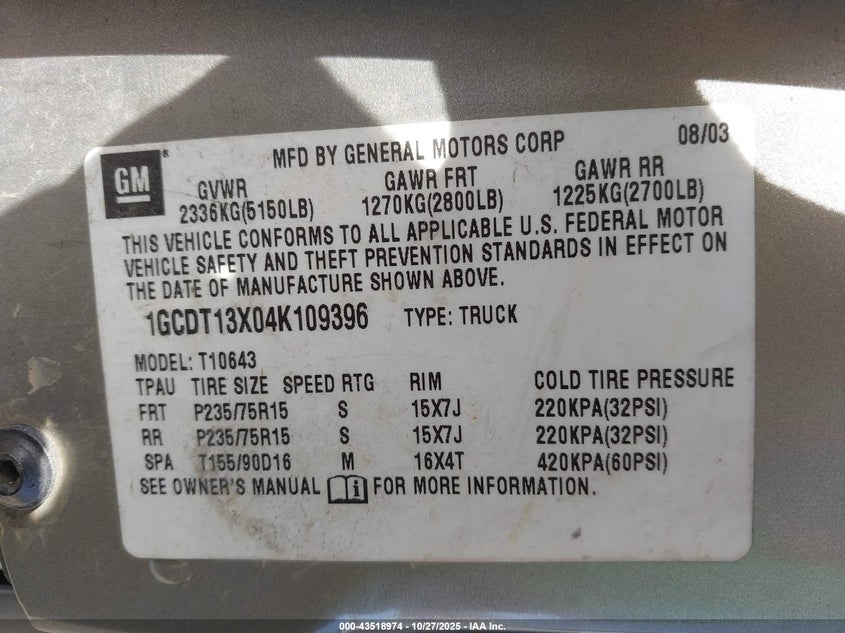 1GCDT13X04K109396 2004 CHEVROLET S-10 PICKUP photo no. 9