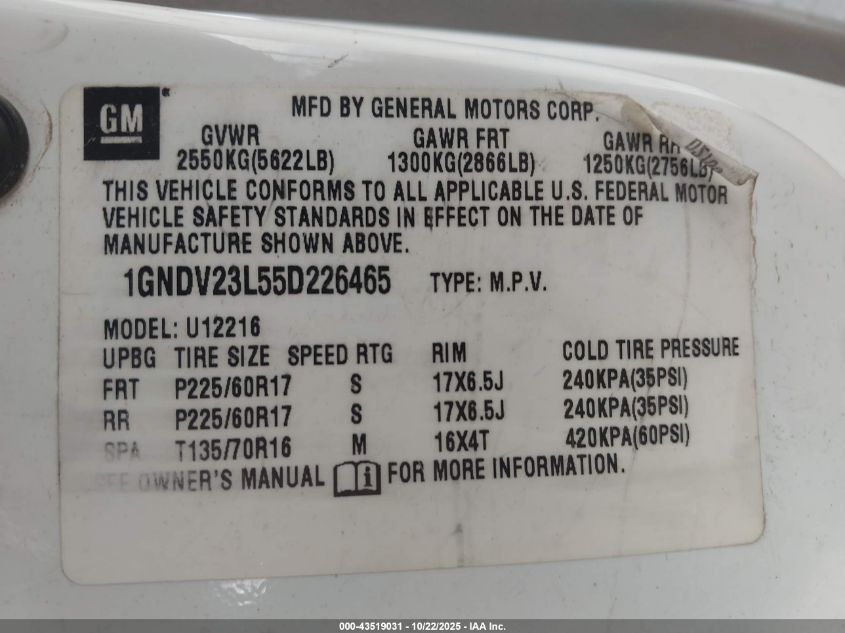2005 Chevrolet Uplander Ls VIN: 1GNDV23L55D226465 Lot: 43519031