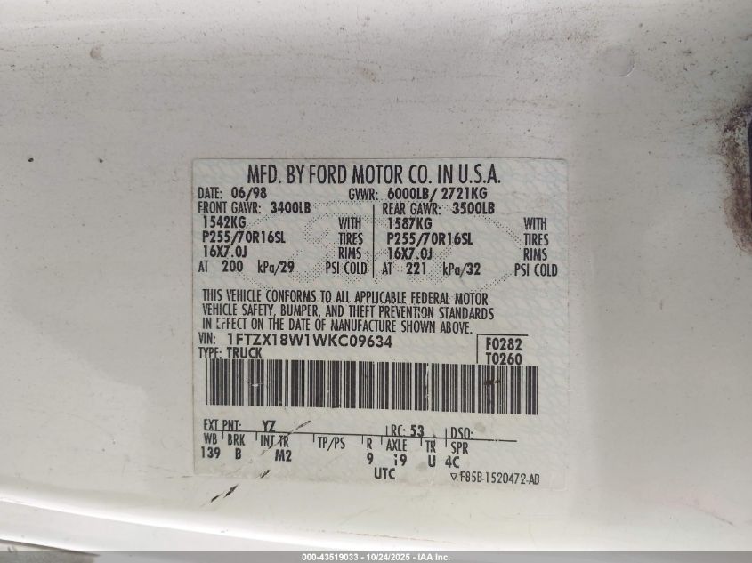 1998 Ford F-150 Lariat/Standard/Xl/Xlt VIN: 1FTZX18W1WKC09634 Lot: 43519033