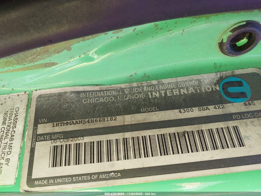 2004 International 4000 4300 VIN: 1HTMMAAN54H668182 Lot: 43519050