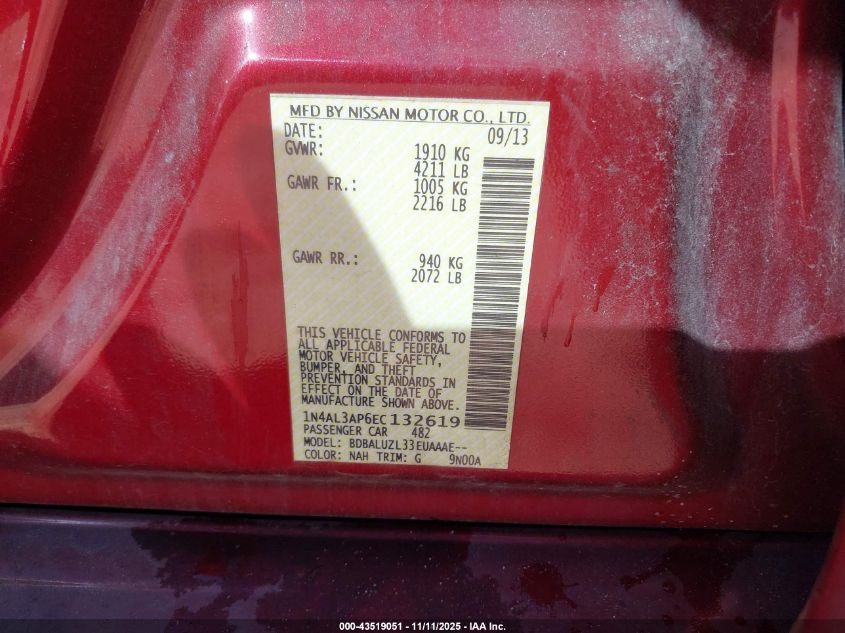 2014 Nissan Altima 2.5 Sv VIN: 1N4AL3AP6EC132619 Lot: 43519051